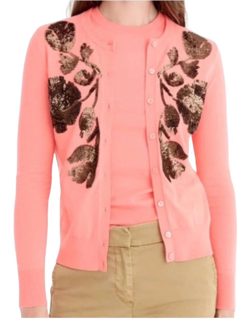 J. Crew Coral Brown Sequins Long Sleeve Button Front Cardigan